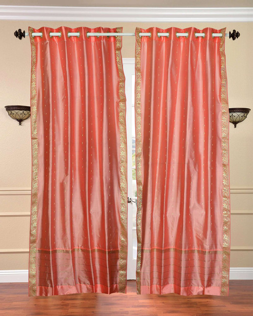 Peach pink Ring Top  Sheer Sari Curtain / Drape / Panel  - Piece