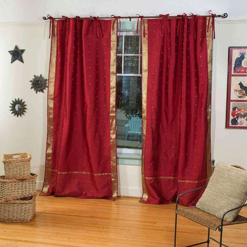 Indo Maroon Tie Top Sari Sheer Curtain (43 in. x 84 in.)