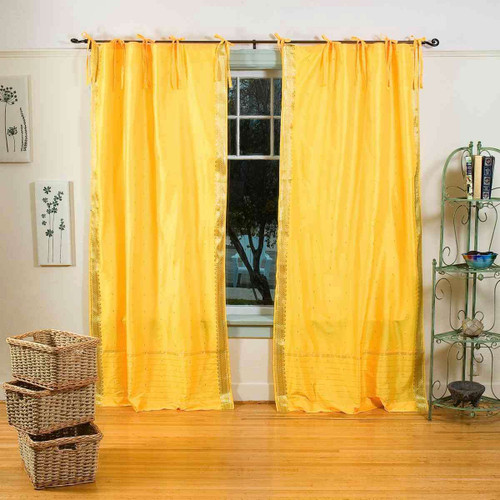 Yellow  Tie Top  Sheer Sari Curtain / Drape / Panel  - Pair
