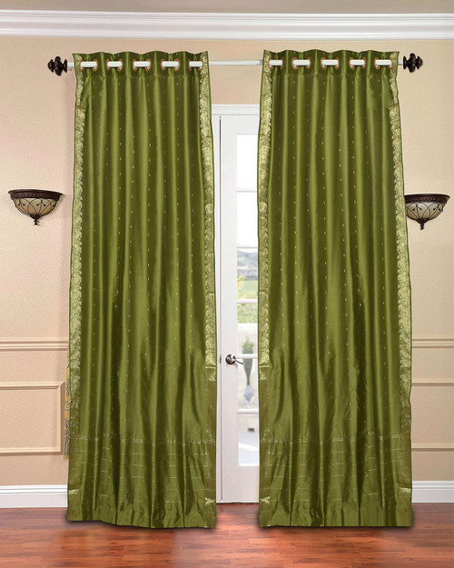Olive Green Ring Top  Sheer Sari Curtain / Drape / Panel  - Piece