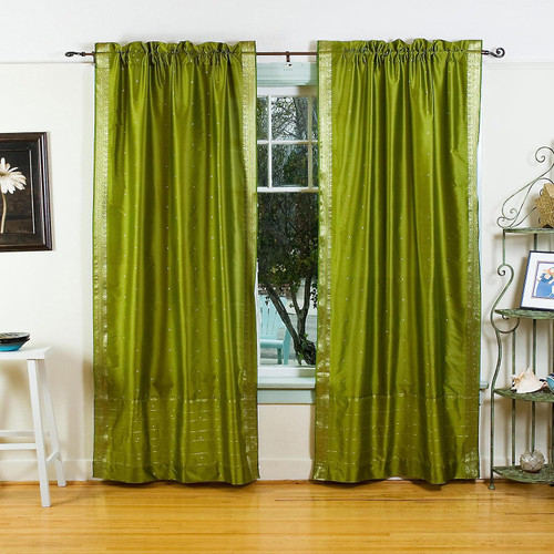 Olive Green Rod Pocket  Sheer Sari Curtain / Drape / Panel  - Piece