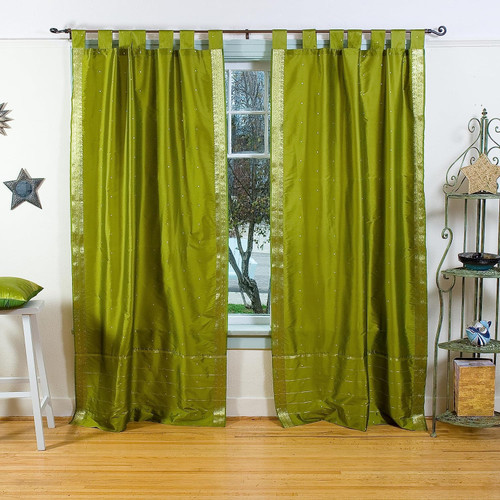 Olive Green  Tab Top  Sheer Sari Curtain / Drape / Panel  - Pair