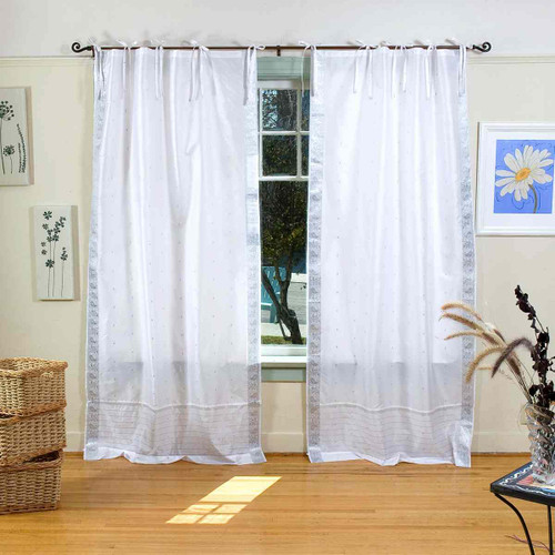 White Silver  Tie Top  Sheer Sari Curtain / Drape / Panel  - Pair