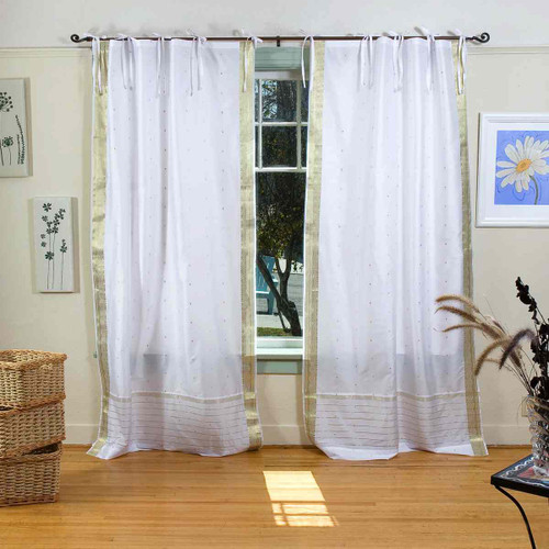 White with Gold  Tie Top  Sheer Sari Curtain / Drape / Panel  - Pair