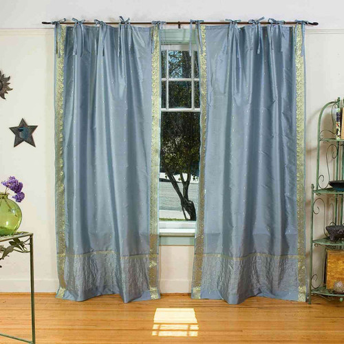 Gray  Tie Top  Sheer Sari Curtain / Drape / Panel  - Pair