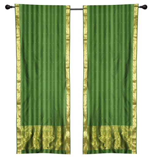 2 Boho Green Indian Sari Curtains Rod Pocket Window Panels Drapes