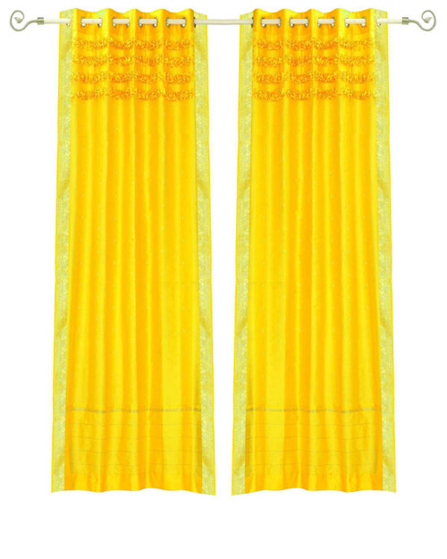 Yellow Hand Crafted Grommet Top Sheer Sari Curtain Panel -Piece