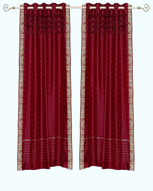 Maroon Hand Crafted Grommet Top Sheer Sari Curtain Panel -Piece