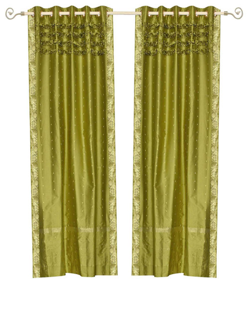 Olive Green Hand Crafted Grommet Top Sheer Sari Curtain Panel -Piece