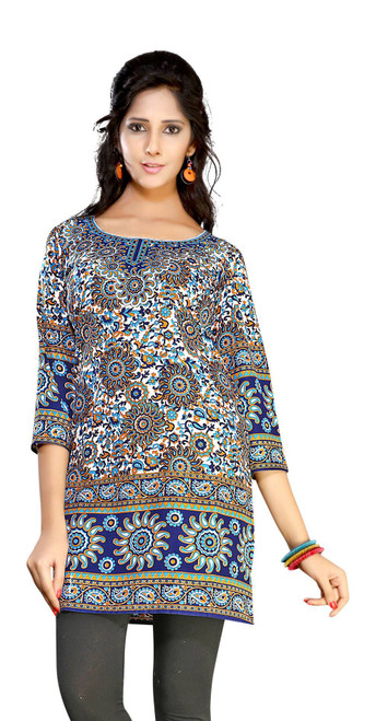 Dark Blue 3/4 sleeve Indian Printed  Kurti Tunic Women Kurta