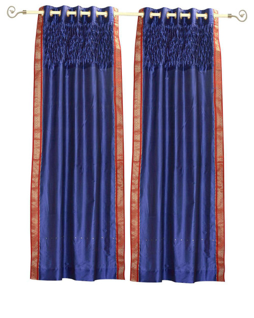 Blue Grommet Top Sheer Sari Curtain Panel with beaded hand design -Piece