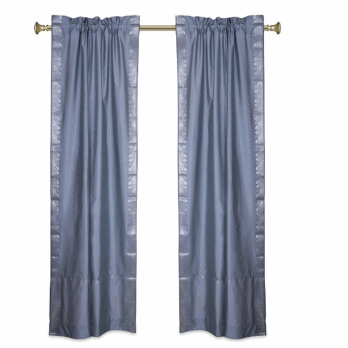 Gray Rod Pocket  Sheer Sari Curtains w/ Silver Border-Pair