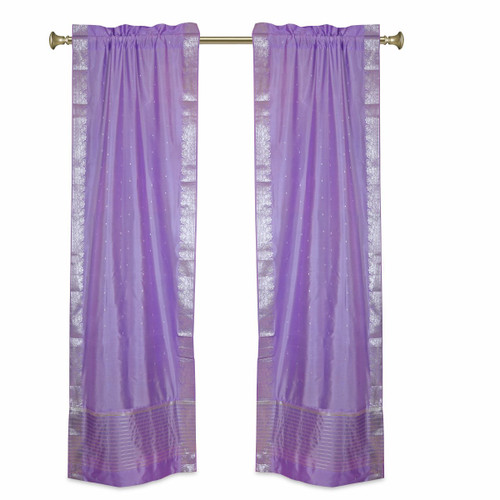 Lavender Rod Pocket  Sheer Sari Curtains w/ Silver Border-Pair