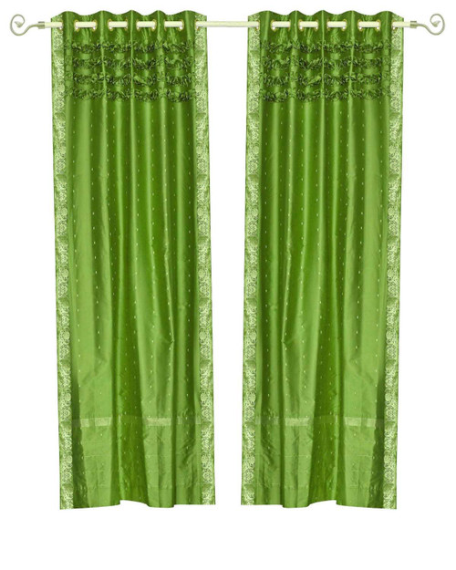 Forest Green Hand Crafted Grommet Top Sheer Sari Curtain Panel -Piece