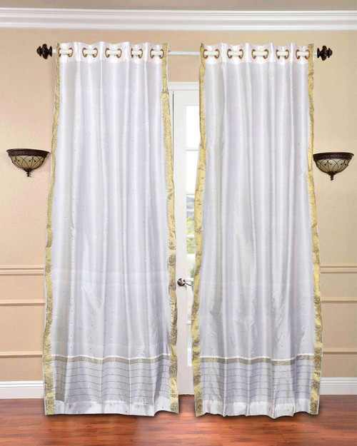 White with Golden Trim Ring Top  Sheer Sari Curtain / Drape / Panel  - Piece
