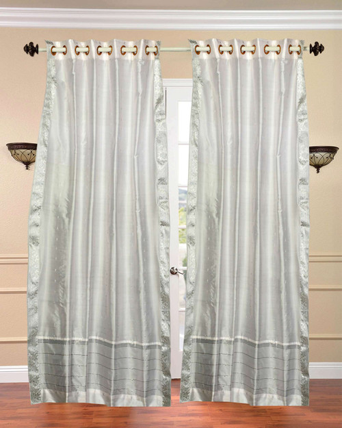 White with Silver trim Ring Top  Sheer Sari Curtain / Drape / Panel  - Piece