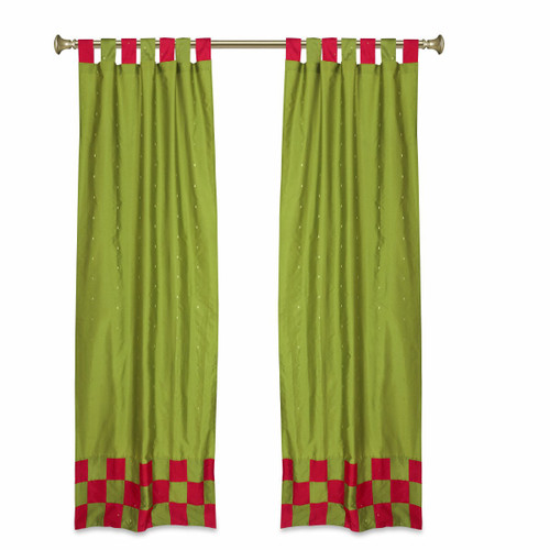 2 Eclectic Olive Green Indian Check Sari Curtains Tab Top drapes