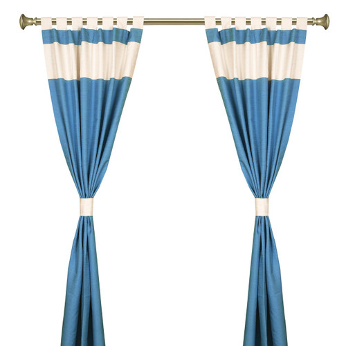 Turquoise Cream Tab Top Raw Silk Curtain With Tieback-Pair