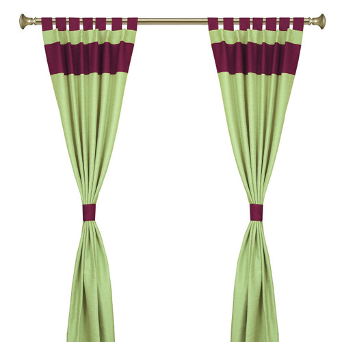 Olive Green Maroon Tab Top Raw Silk Curtain With Tieback-Pair