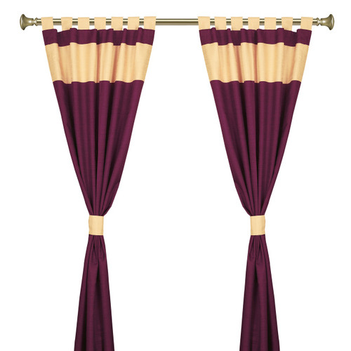 Maroon Gold Tab Top Raw Silk Curtain With Tieback-Pair