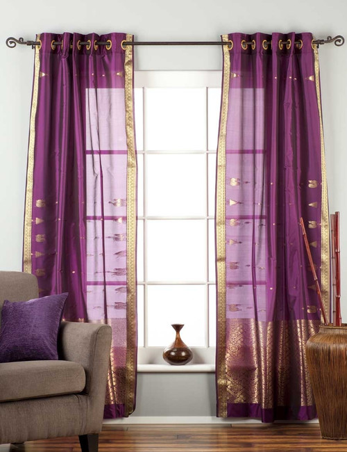 Purple Ring Top Sheer Sari Curtain - 43W x 84L - Pair