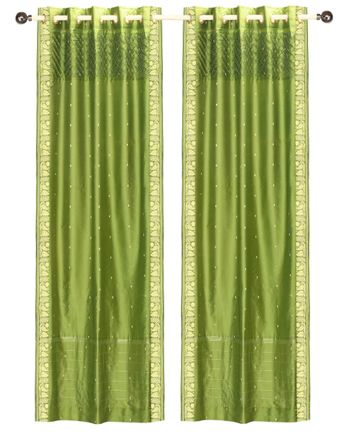 Olive Green Handcrafted Grommet Sheer Sari Curtain Drape Panel-Piece