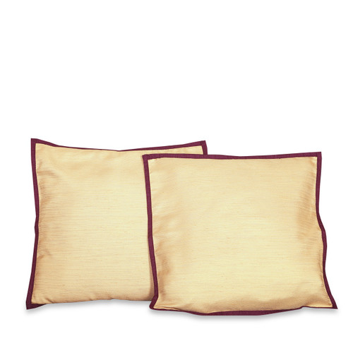 Golden with Maroon Trim - 2 Decorative Handcrafted Raw Silk Cushion Cover, Throw Pillow Case 18" X 18"