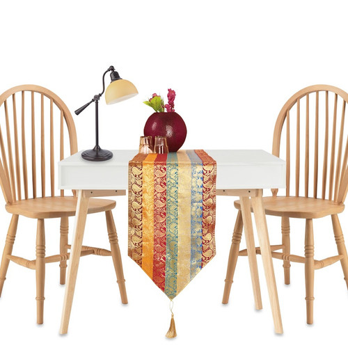 Indian Selections - Multi-color- brocade-table- runner-with-tassel   - Hand Crafted Table Runner (India) - 14 X 84 Inches