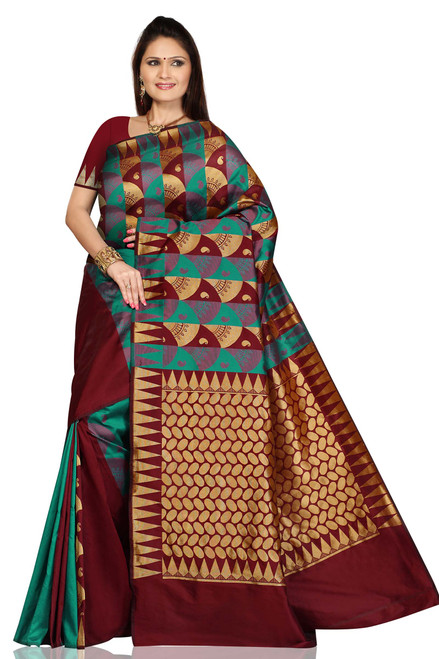 Turquoise Maroon Art Silk Sari Saree bellydance wrap