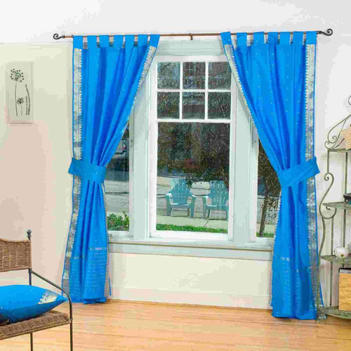 Indo Blue  Tab Top Sari Sheer Curtain (43 in. x 84 in.) with matching tieback