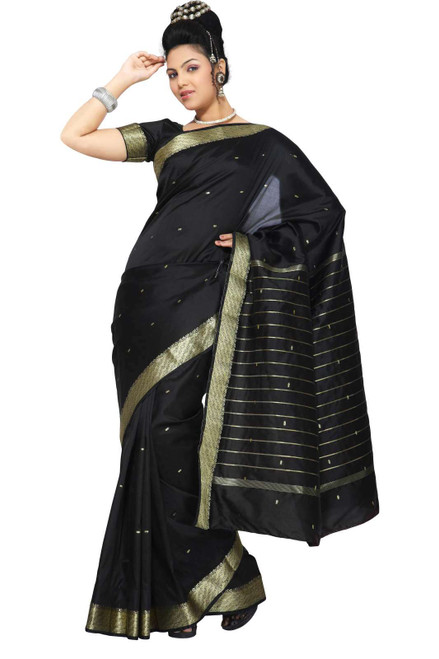 Indian Selections - Black Art Silk Saree Sari fabric India Golden Border