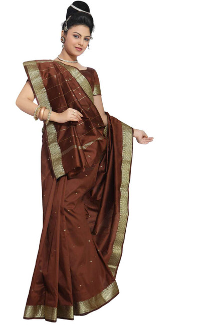 Indian Selections - Brown Art Silk Saree Sari fabric India Golden Border