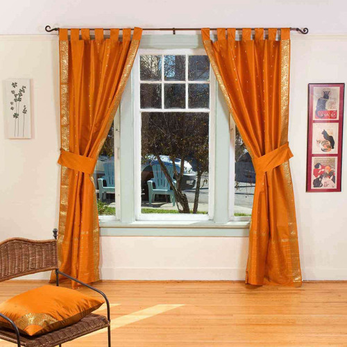 Indo Mustard  Tab Top Sari Sheer Curtain (43 in. x 84 in.) with matching tieback