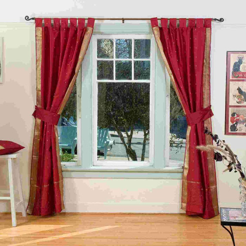 Indo Maroon  Tab Top Sari Sheer Curtain (43 in. x 84 in.) with matching tieback