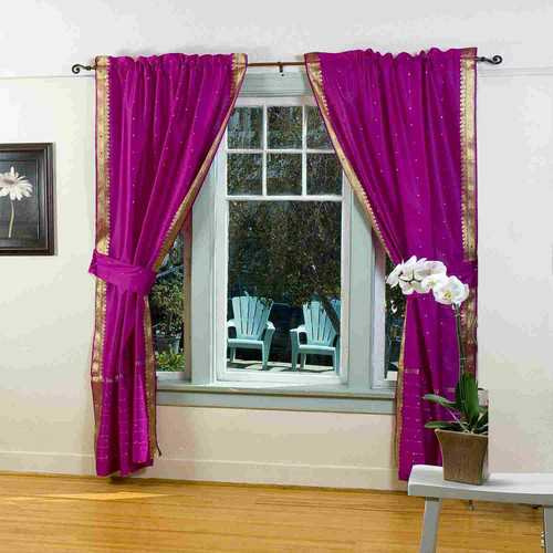 Indo Violet red Tab Top Sari Sheer Curtain (43 in. x 84 in.)  with matching tieback