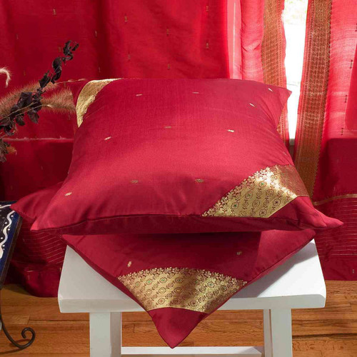 LUXURIOUS MAROON Handmade Sari Cushion Covers, Indian Sari Throw Boho Decor Pillow Covers with Zipper Enclosure | Ideal for Home Decor