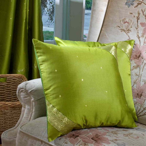 TRANQUIL OLIVE GREEN Handmade Sari Cushion Covers, Indian Sari Throw Boho Decor Pillow Covers with Zipper Enclosure | Ideal for Home Decor