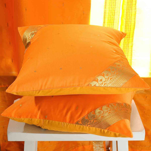 AUTUMNAL PUMPKIN Handmade Sari Cushion Covers, Indian Sari Throw Boho Decor Pillow Covers with Zipper Enclosure | Ideal for Home Decor