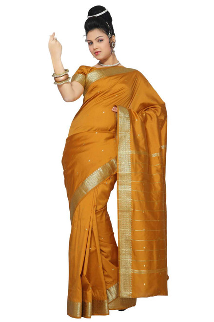 Indian Selections - Mustard Art Silk Saree Sari fabric India Golden Border