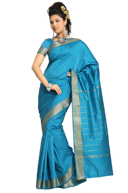 Indian Selections - Turquoise Art Silk Saree Sari fabric India Golden Border