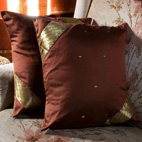 SOPHISTICATED BROWN Handmade Sari Cushion Covers, Indian Sari Throw Boho Decor Pillow Covers with Zipper Enclosure | Ideal for Home Decor