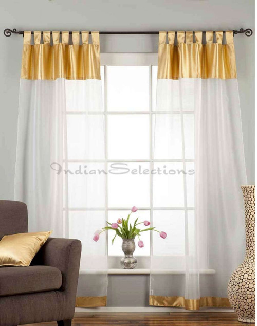 White with Gold Satin Tab Top Sheer Tissue  Curtain / Drape / Panel  - 84" - Piece
