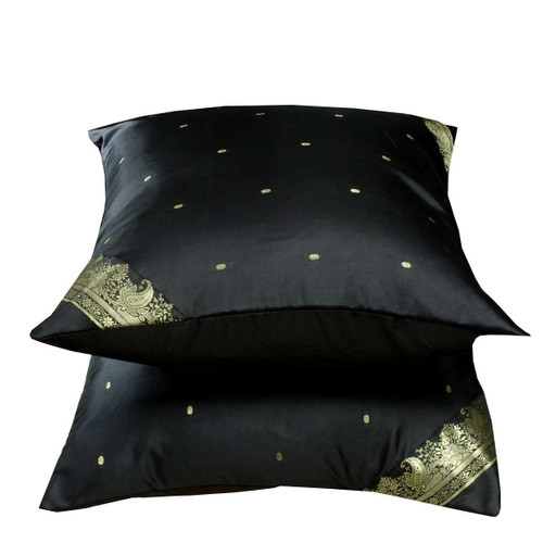 ELEGANT BLACK Handmade Sari Cushion Covers, Indian Sari Throw Boho Decor Pillow Covers with Zipper Enclosure | Ideal for Home Décor