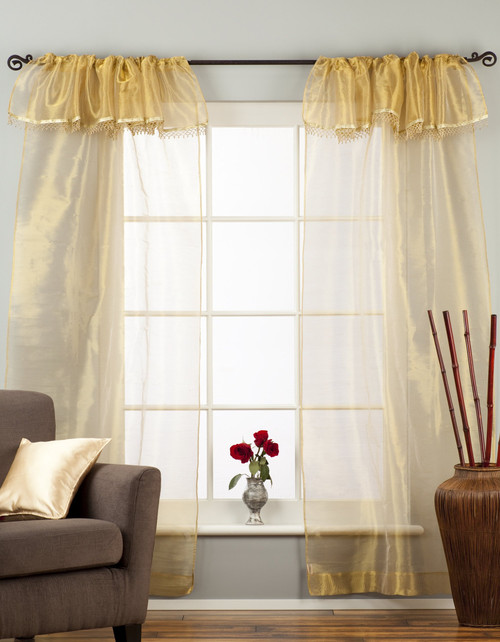 Golden Rod Pocket w/ attached Beaded Valance Sheer Tissue Curtains - Piece