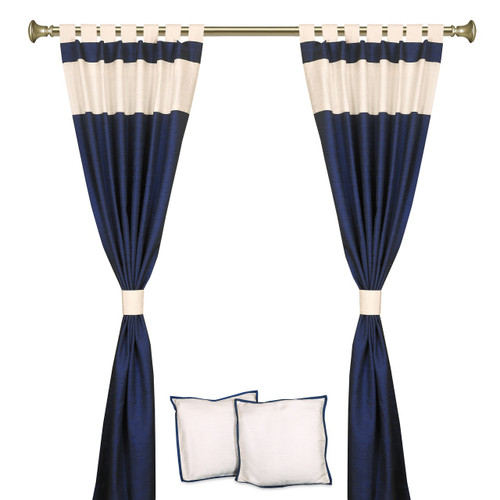 6 Pcs Blue Cream Raw Silk Curtain ,Cushion Cover, Tieback Set