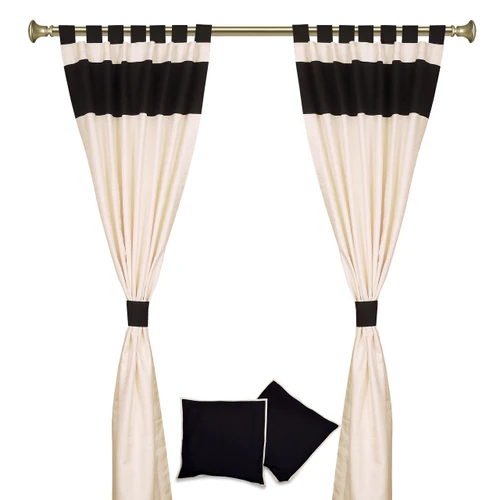 6 Pcs Cream Black Raw Silk Curtain,Cushion Cover,Tieback Set