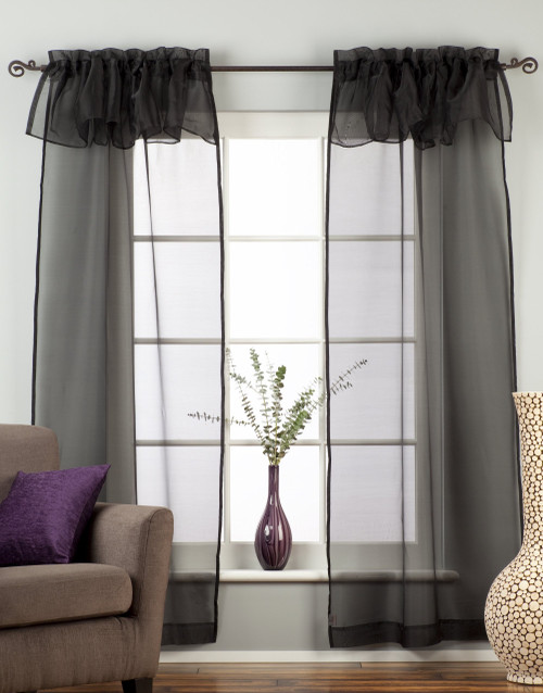 Black Rod Pocket w/ attached Valance Sheer Tissue Curtains - Piece