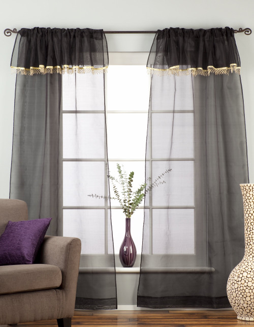 Black Rod Pocket w/ attached Beaded Valance Sheer Tissue Curtains - Piece
