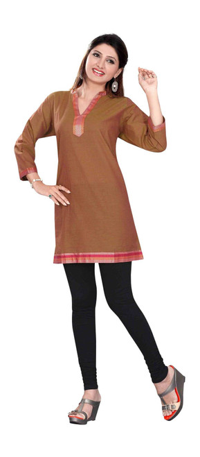 Brown 3/4 sleeve Indian Cotton Kurti/Tunic with Golden neckline