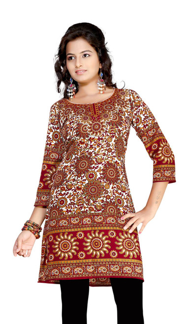 Maroon 3/4 sleeve Indian Printed  Kurti Tunic Women Kurta